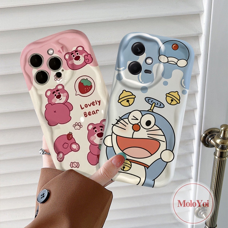 IPHONE Lovely Couple 3D Wavy Curved Edge Phone Case Kompatibel Untuk Iphone6 8 6s 7plus XR X XS Max 11 13 12 14 Pro SE 2020 Lucu Doraemon Kartun Strawberry Bear Manyo Tpu Soft Cover