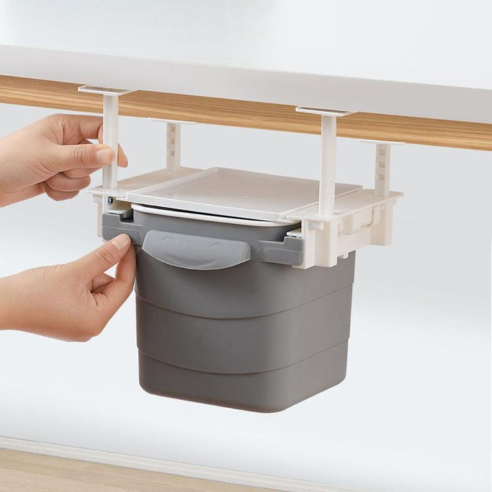 [Elegan] Dustbin Alat Pembersih Bawah Meja Plastik Portable Push-Pull Adhesive Waste Bin