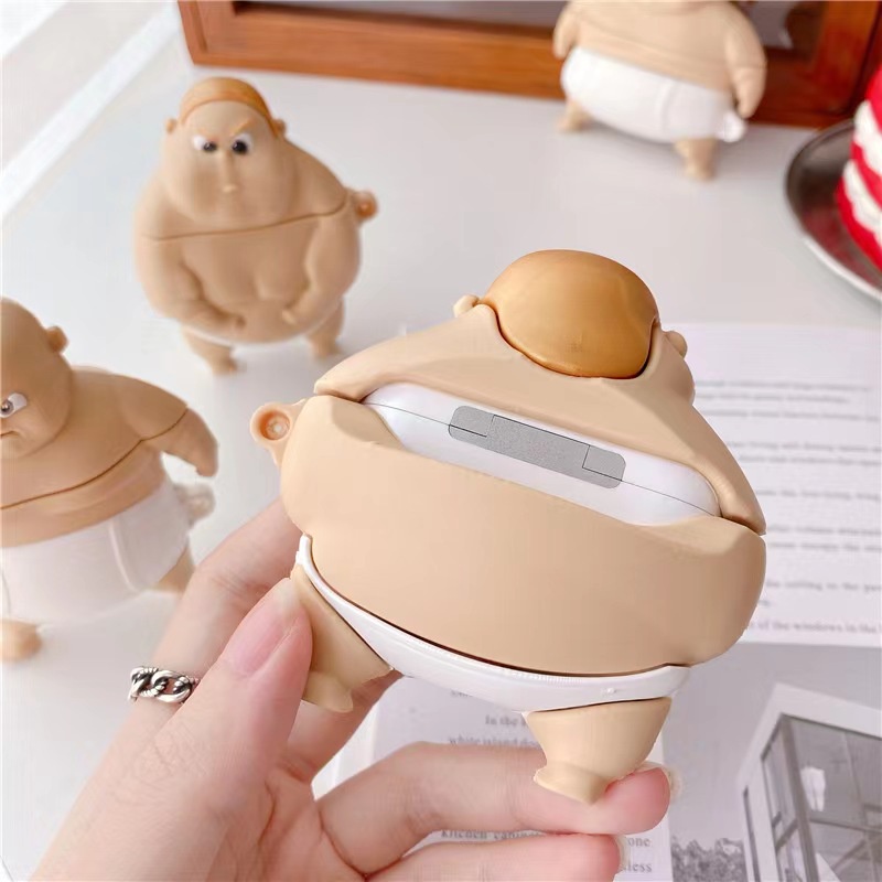 3d Kartun Marah Sumo Wrestling Boy Bluetooth Earphone Anti-Jatuh Pink Case Pelindung Cover Untuk Airpods1 2 3 Pro i12 i10 i11 i9s inpods 12 13 Pro i13 Airpods3 TWS Shell