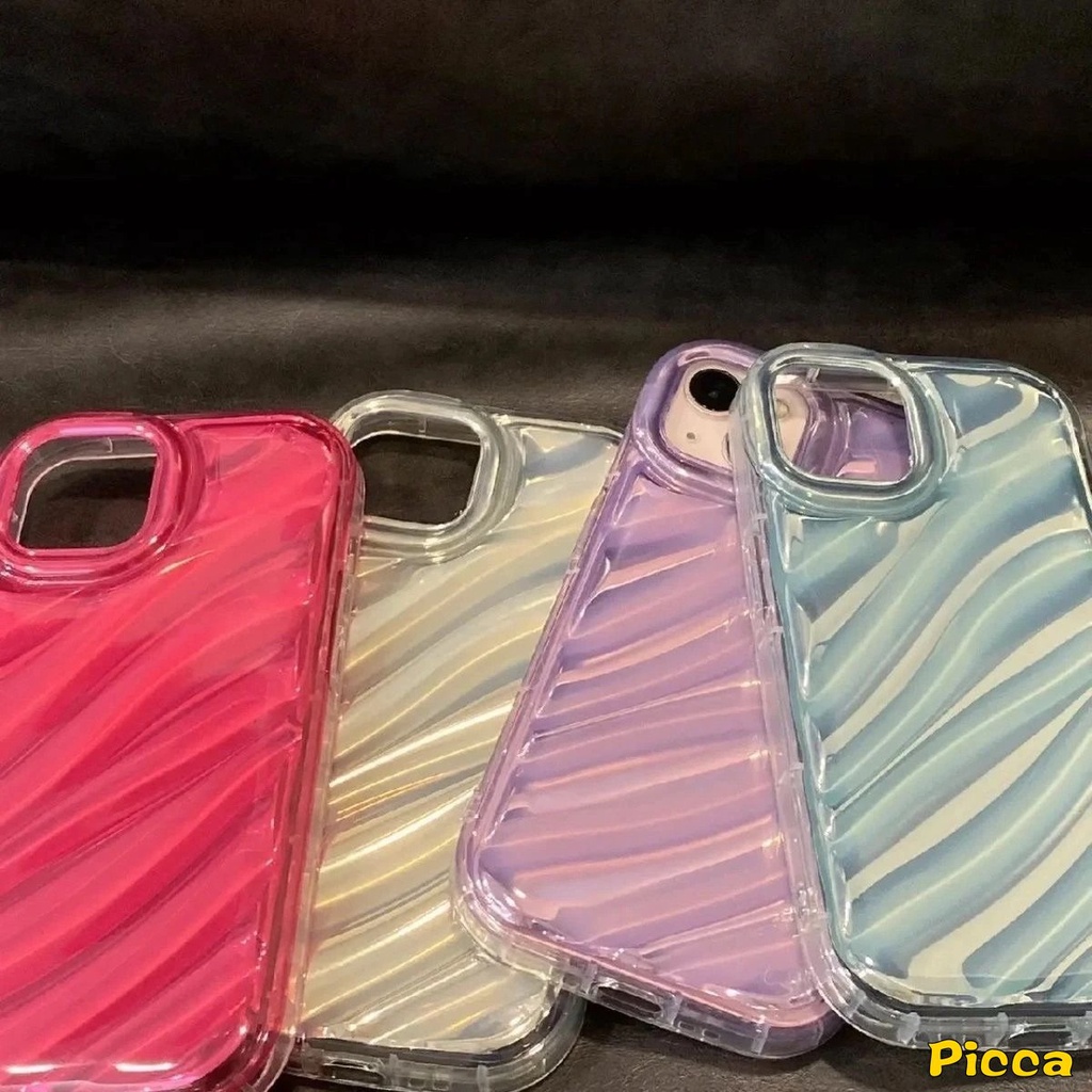 IPHONE 3d Wavy Curved Luxury Ins Dazzle Laser Color Case Kompatibel Untuk Iphone11 13 12 14 Pro MAX 7-8 6 6S Plus XR X XS MAX 7Plus 8Plus SE 2020 Soft Tpu Simple Macaron Color Back Cover