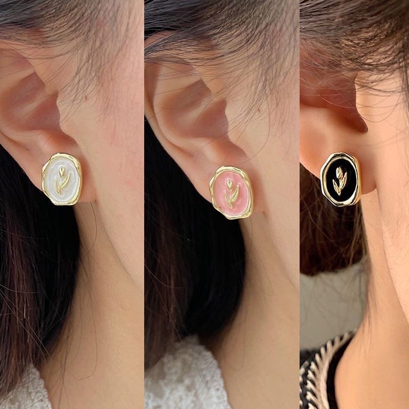 Anting Korea Retro Tulip Hitam Mewah Ear Studs Fashion Perhiasan Wanita Perempuan