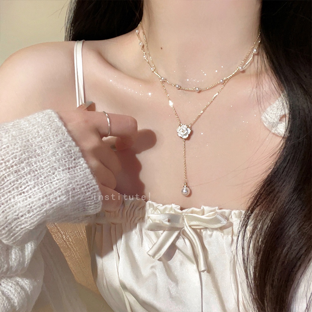 Multilayer Kalung Wanita Mutiara Bunga Camelia Liontin Kalung Emas Rantai Rumbai Choker Aksesoris Perhiasan