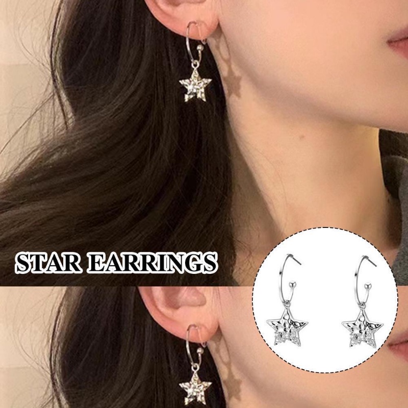 Ins Gaya Temperamen Bentuk Bintang Menjuntai Anting Untuk Wanita/Minimalis Perak Pentagram Berlian Imitasi Drop Earrings Perhiasan Fashion