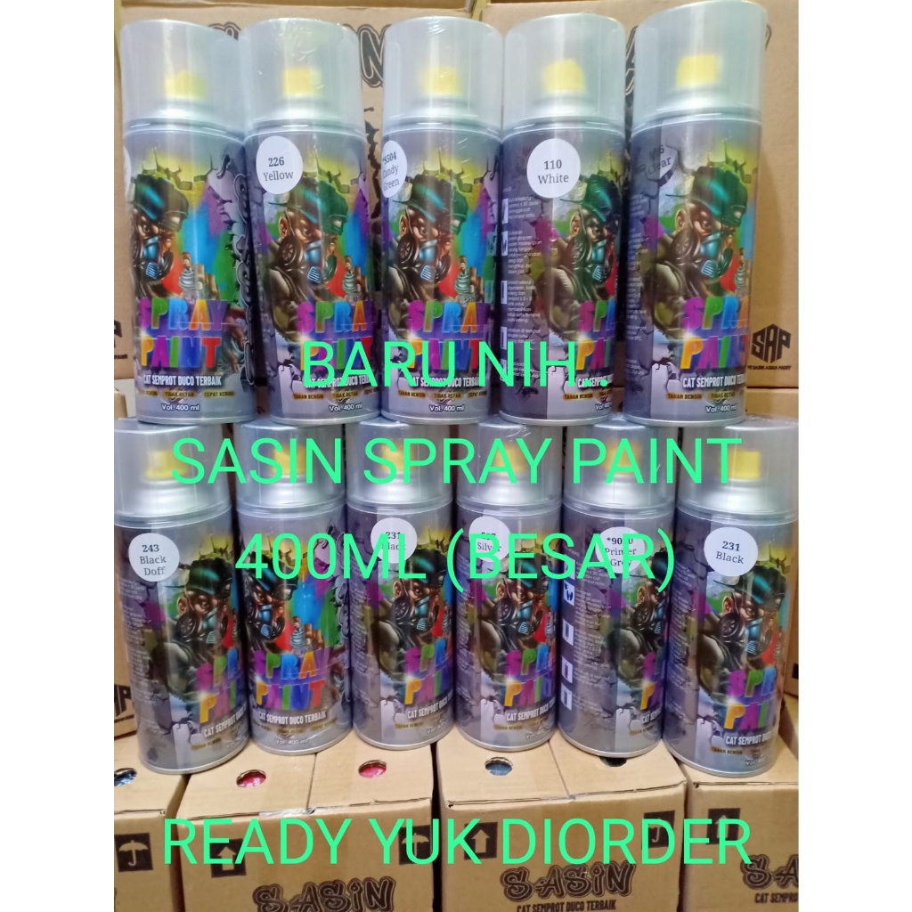 SASIN Spray Paint Cat Semprot Duco Terbaik Pilok PIlox  Warna Putih, Clear, Hitam, Silver, Hitam Doff, Merah, Kuning, Hijau, Biru, Candy Tone, Hi-temp (400cc-BESAR)