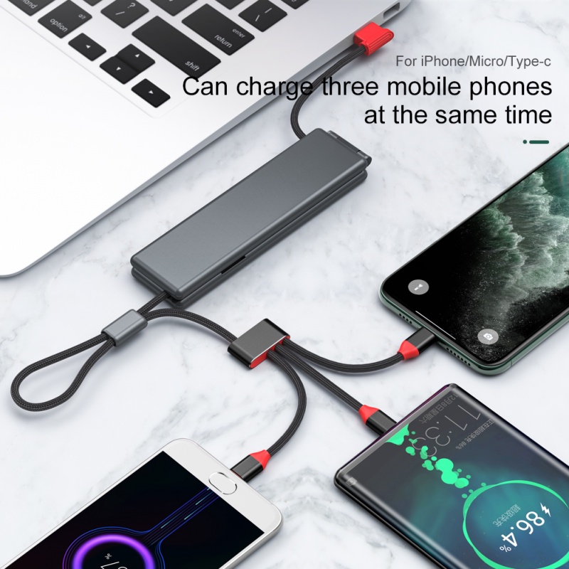 IPHONE 3in1 Kabel USB Portabel 3A Pengisian Cepat USB C Cable Type-C Micro USB Lightning Untuk Iphone14 13 12 Pro Max Samsung Kabel Charge Handphone