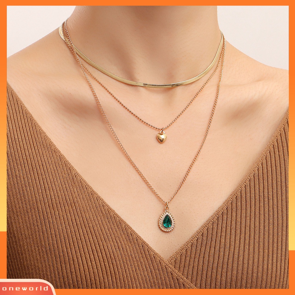 [ONE] Adjustable Ekstensi Rantai Jantung Liontin Wanita Kalung Permata Imitasi Liontin Multilayer Pesona Kalung Pesta Perhiasan