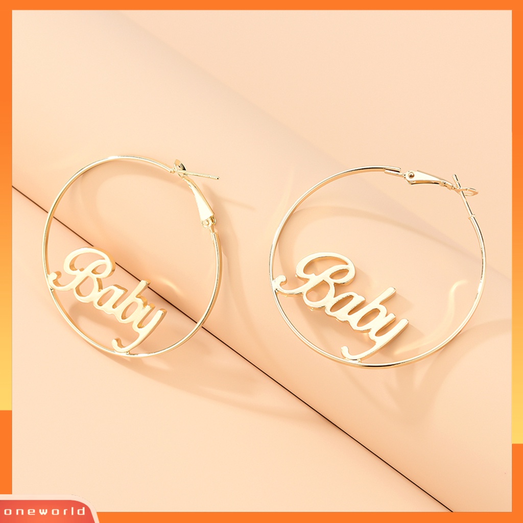 [ONE] 1pasang Anting Hoop Desain Huruf Berlebihan Anti-tarnish Perhiasan Pernikahan Alloy Besar Halus Wanita Anting Lingkaran Bulat Loop Earrings