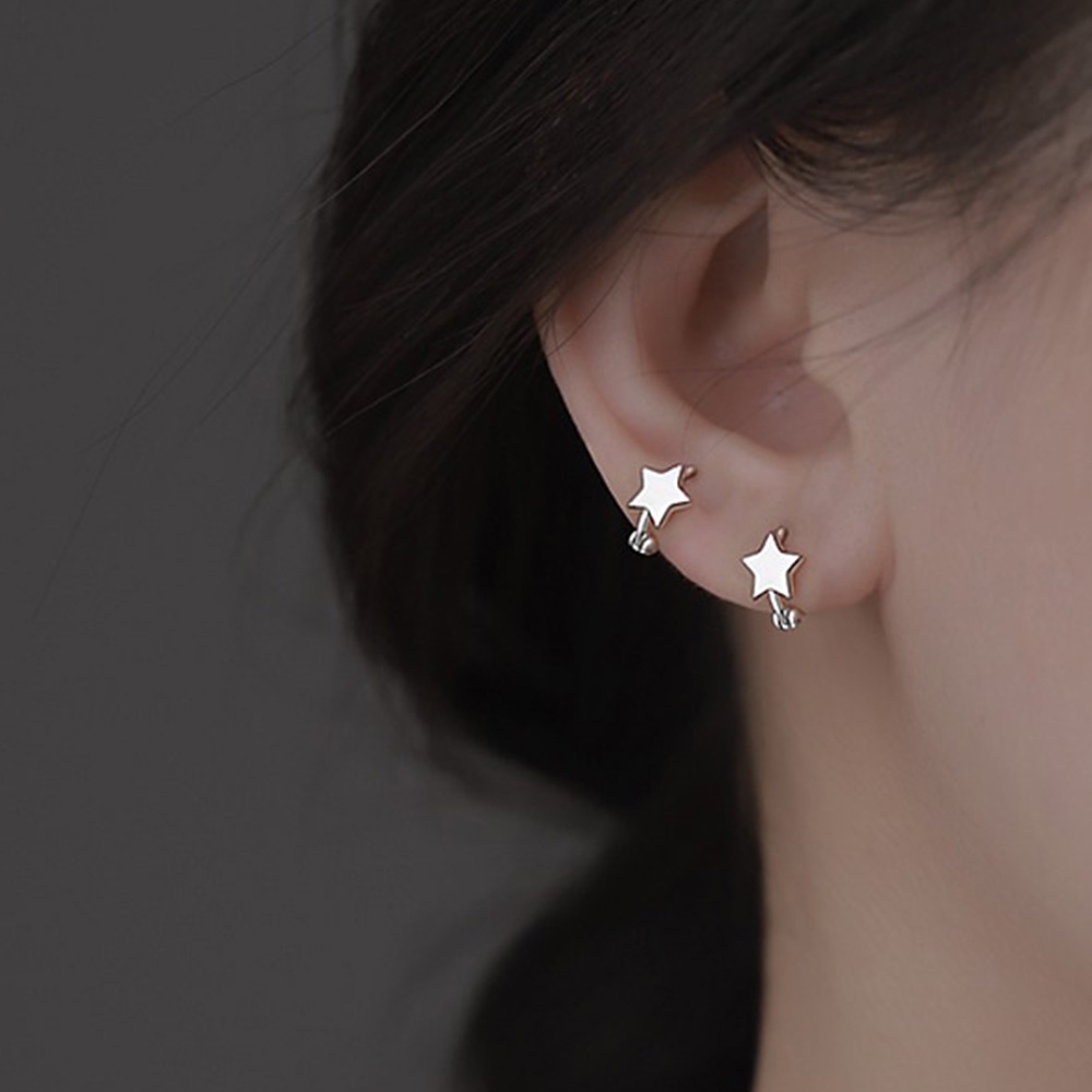 Anting Hoop Bintang Kecil Warna Silver Minimalis Lucu Untuk Wanita Perhiasan Geometris Ear Huggies