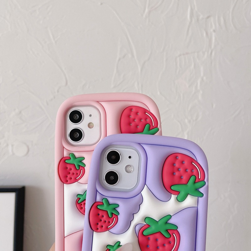 Stereoscopic Cute Pink Red Strawberry Silicone Soft Case for IPhone 6S 7 8 Plus X XR Max IPhone 11 12 13 14 Pro Max Cute TPU Phone CASE Cute Pretty Girl's Fashion