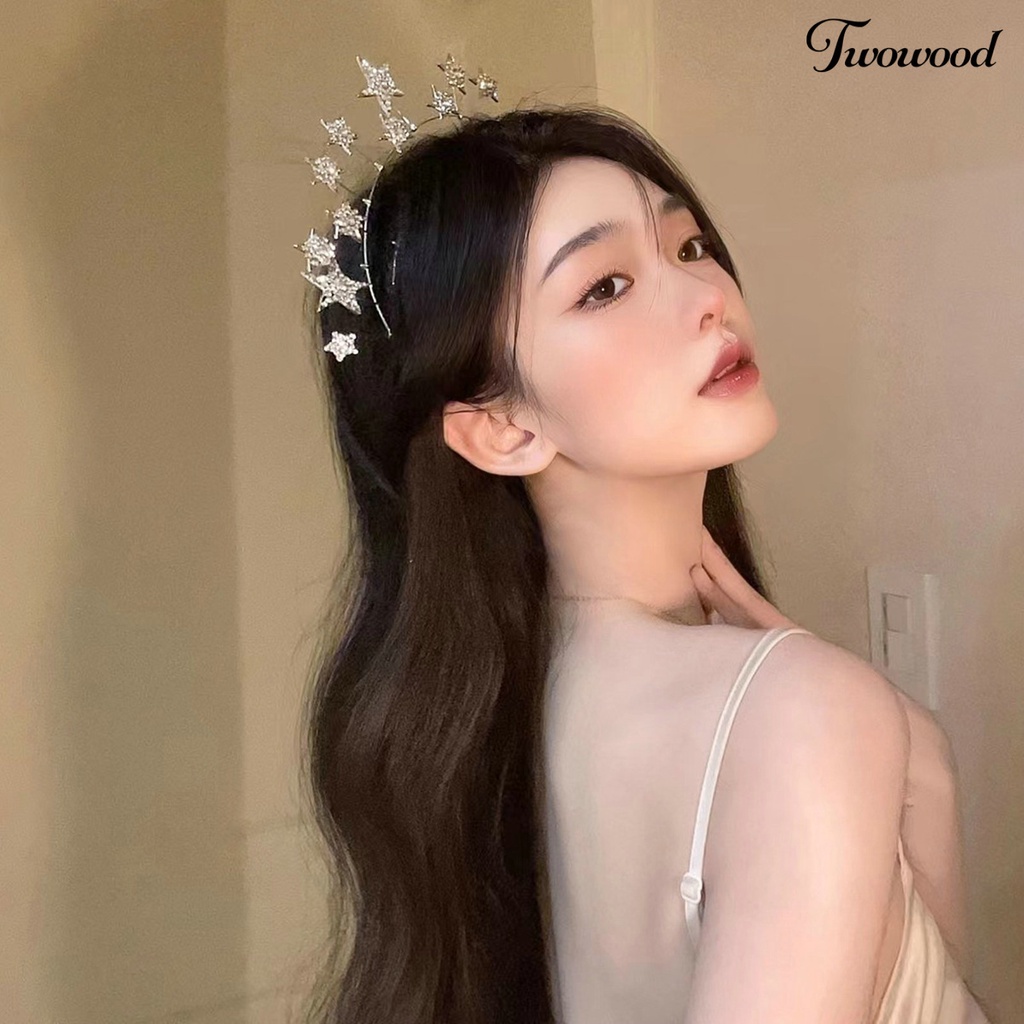 Twowood Gaya Korea Bersinar Non-slip Gadis Bando Lucu Berlian Imitasi Bintang Mahkota Pengantin Rambut Hoop Aksesoris Rambut