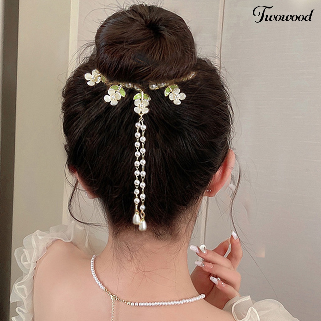 Twowood Lady Ponytail Claw Flower Decor Multi Teeth Rumbai Mutiara Imitasi Stainless Hiasan Rambut Ringan Pengantin Hair Bun Hair Card Aksesoris Rambut