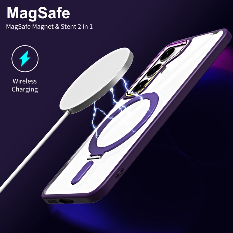 Magsafe Metal Holder Phone Case For Samsung S23 Ultra S23+ Plus S23 Clear Back Cover Aluminium Shockproof Case Stand