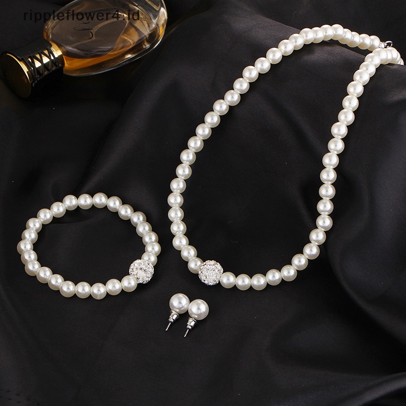 {rippleflower4.id} Fashion Wanita Pengantin Pesta Pernikahan Mutiara Kalung Anting Gelang Set Perhiasan Dekorasi~