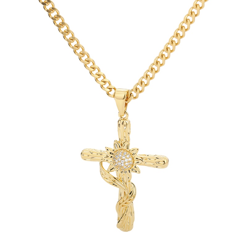 Kalung Salib Yesus Religi Stainless Steel Untuk Wanita Pria Bunga Matahari Warna Emas Liontin Salib Dengan Rantai Kalung Perhiasan Hadiah