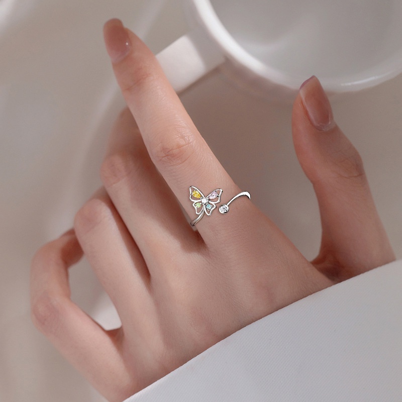 Cincin Model Terbuka Desain Kupu-Kupu Hollow Hias Zircon Warna Warni Gaya Simple Kreatif Adjustable Untuk Wanita