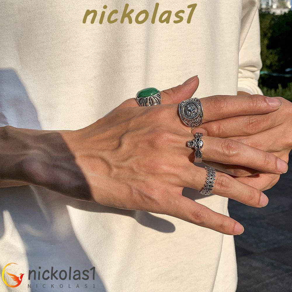 Nickolas1 Pria Set Cincin Hip-hop Retro Wanita Laki-Laki Geometris Logam Gaya Punk Cincin Pria Jari Cincin