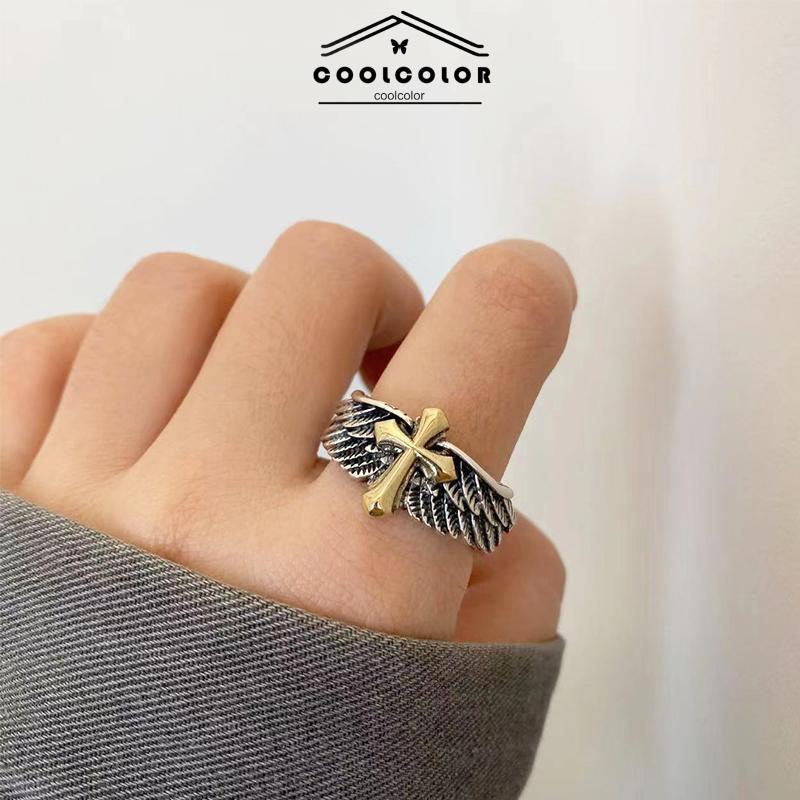 COD❤️Cincin Pria Vintage Wings Cross Grafiti Surat Terbuka Cincin Pribadi- cl