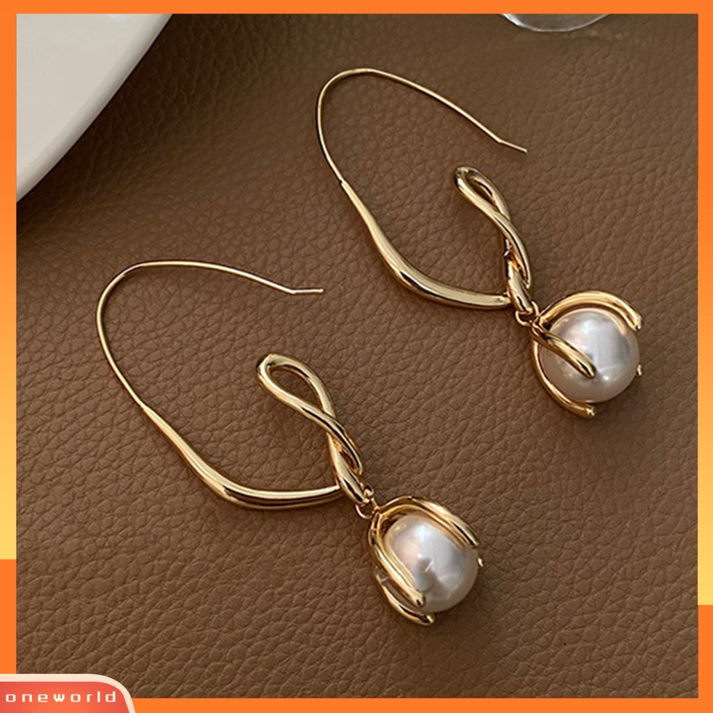 [WOD] 1pasang Anting Kait Mutiara Imitasi High Gloss Elegan Hiasan Telinga Perhiasan Pesta Dress-Up Putih Mutiara Imitasi Mengkilap Menjuntai Anting-Anting Perhiasan Hadiah