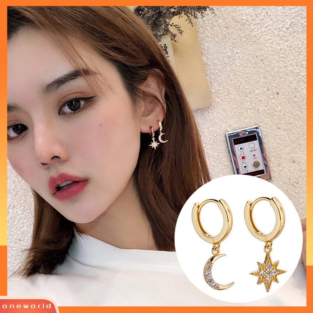 [WOD] Wanita Cubic Zirconia Bulan Bintang Menjuntai Asimetris Huggie Earrings Perhiasan Hadiah