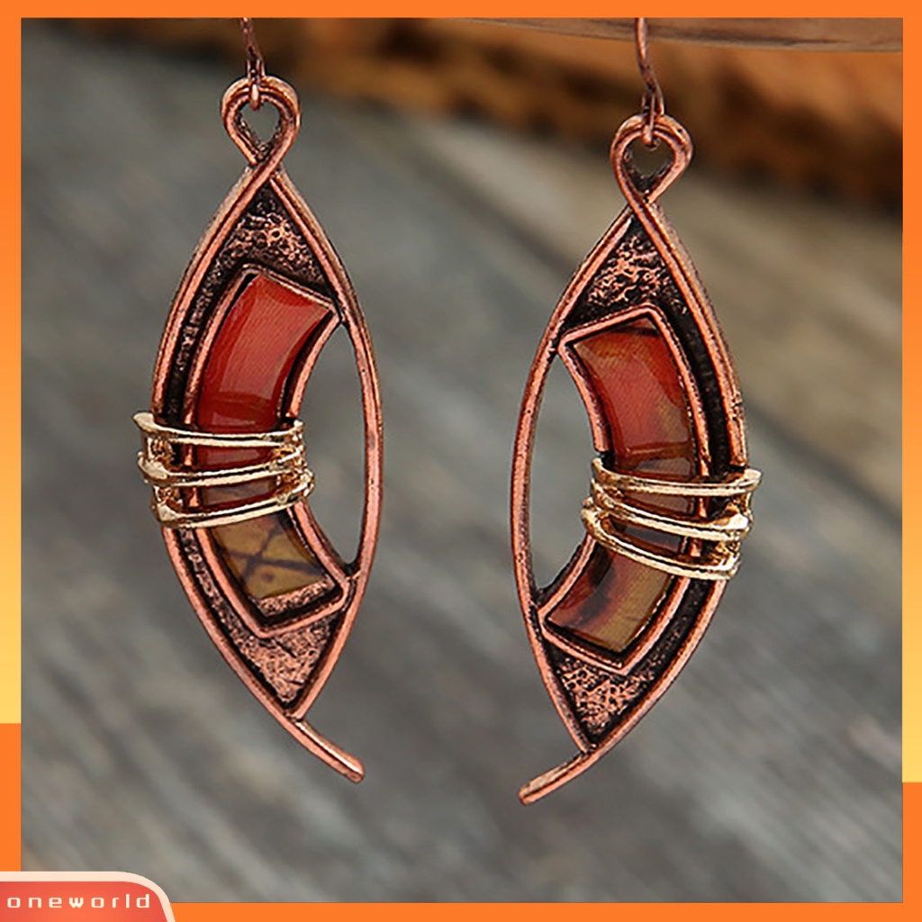 [WOD] 1pasang Orange Batu Tindik Drop Earrings Kulit-Menyentuh Patchwork Warna Berongga Asimetris Kait Anting Perhiasan Aksesoris