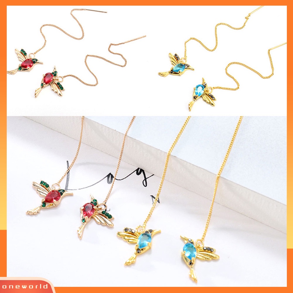 [WOD] Wanita Desain Hummingbird Berlian Imitasi Dekorasi Ear Stud Panjang Rumbai Menjuntai Anting-Anting