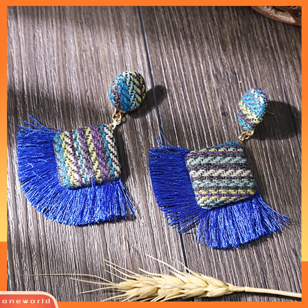 [WOD] Retro Belah Ketupat Kipas Fringe Rumbai Pesona Tenun Laporan Stud Anting Lady Jewelry