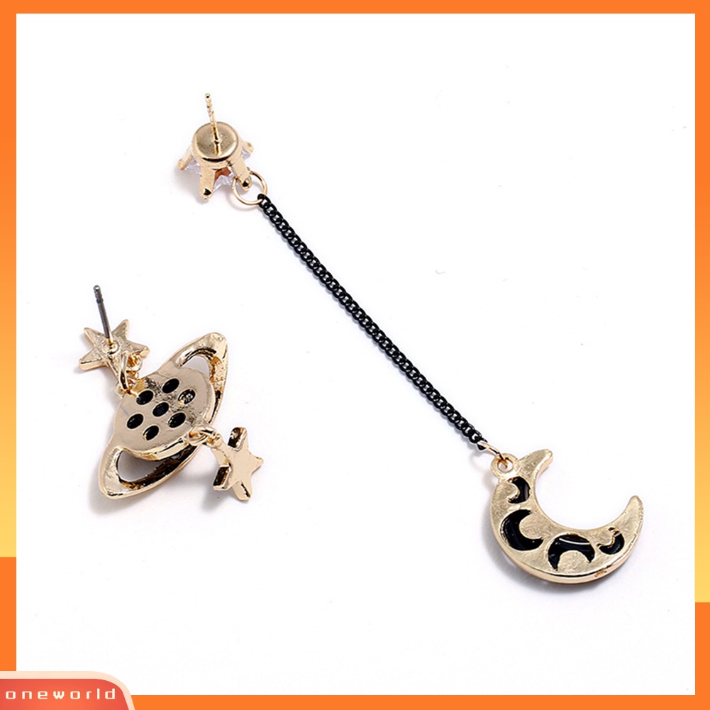 [WOD] Star Moon Ear Stud Berlian Imitasi Menjuntai Asimetris Anting Wanita Perhiasan Hadiah