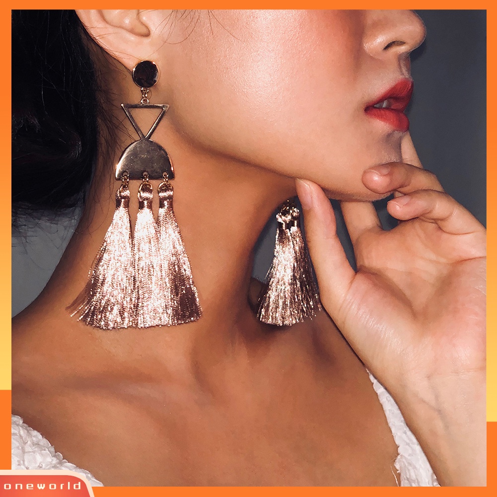 [WOD] Perhiasan Hadiah Boho Gantung Segitiga Rumbai Liontin Drop Menjuntai Stud Earrings