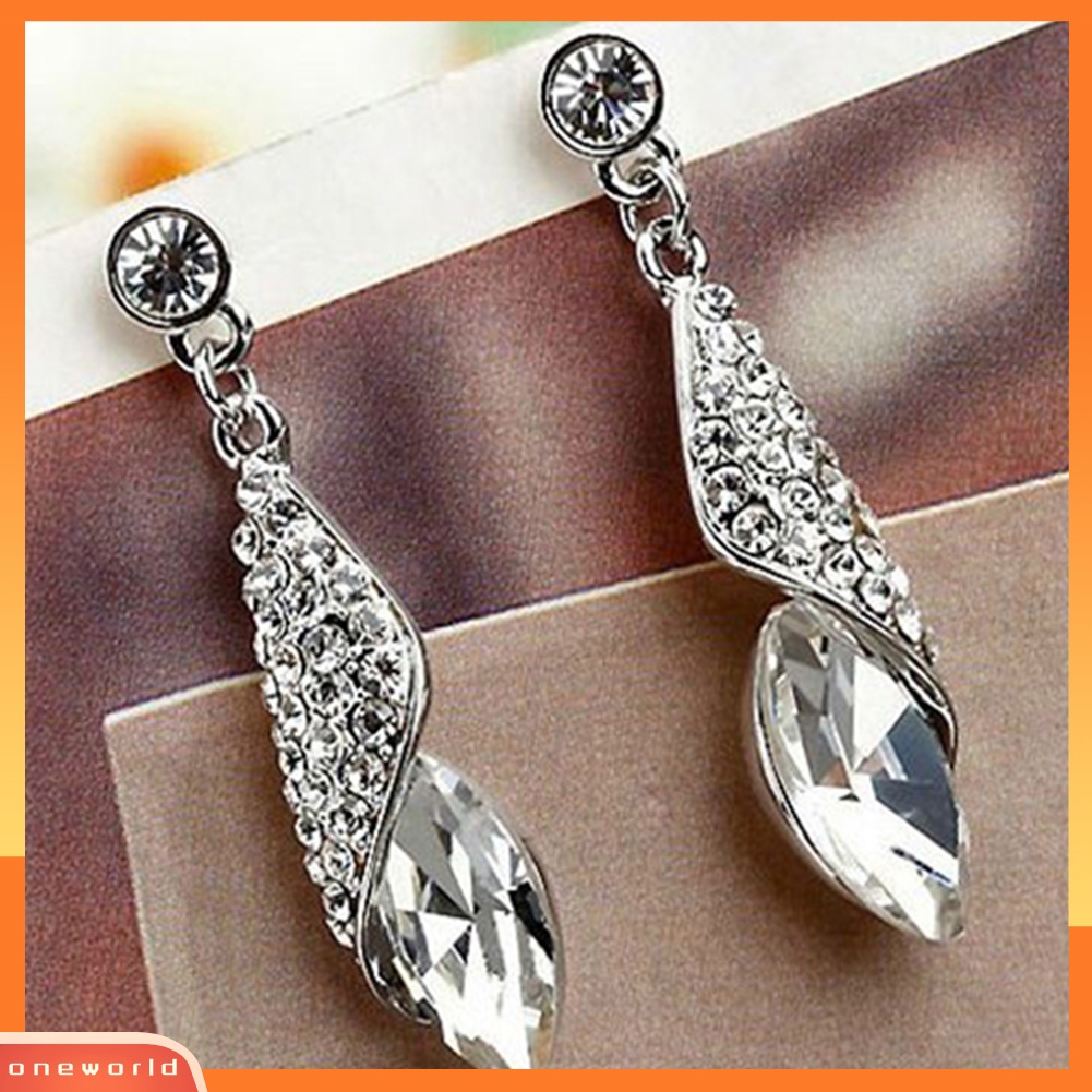 [WOD] Fashion Wanita Elegan Berlian Imitasi Mata Teardrop Menjuntai Perak Stud Hook Earrings