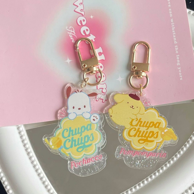 Sanrio Cinnamoroll Kuromi My Melody Hello Kitty Pendent Cartoon Cute Glitter Keychain Anime Gantungan Kunci Akrilik Dekorasi