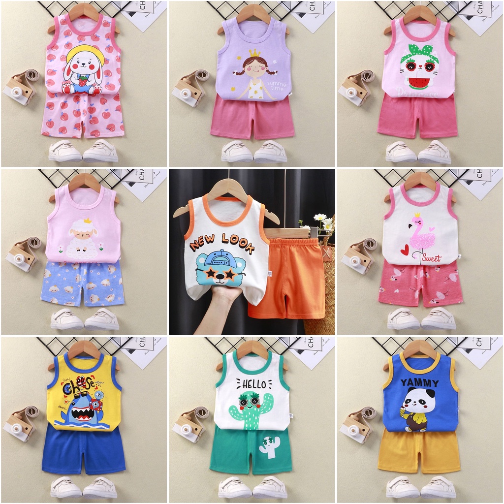 ❤️ 𝐃𝐤𝐢𝐝𝐬 ❤️ BJ004 COD Setelan Baju Tanpa Lengan Singlet Celana Pendek Set Baju Anak Bayi Piyama Import Baju Kutang Anak Import