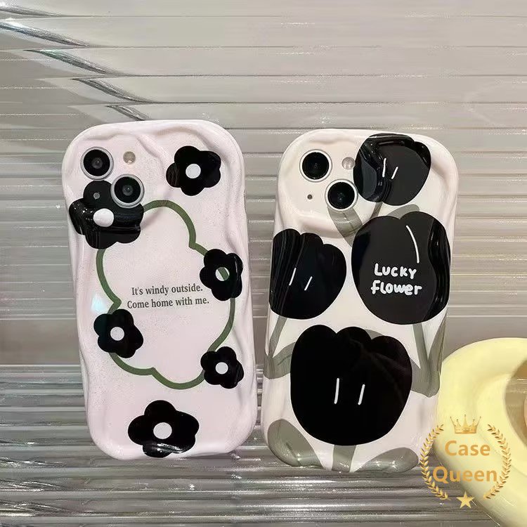 3d Wavy Curved Edge Fresh Flower Black Art Flower Case Untuk Samsung A14 A12 A13 A04s A52 A32 A24 A52s A50 M12 A30s Retro Bunga Tulip Label Bunga Oil Paintin Bunga Mawar Cover