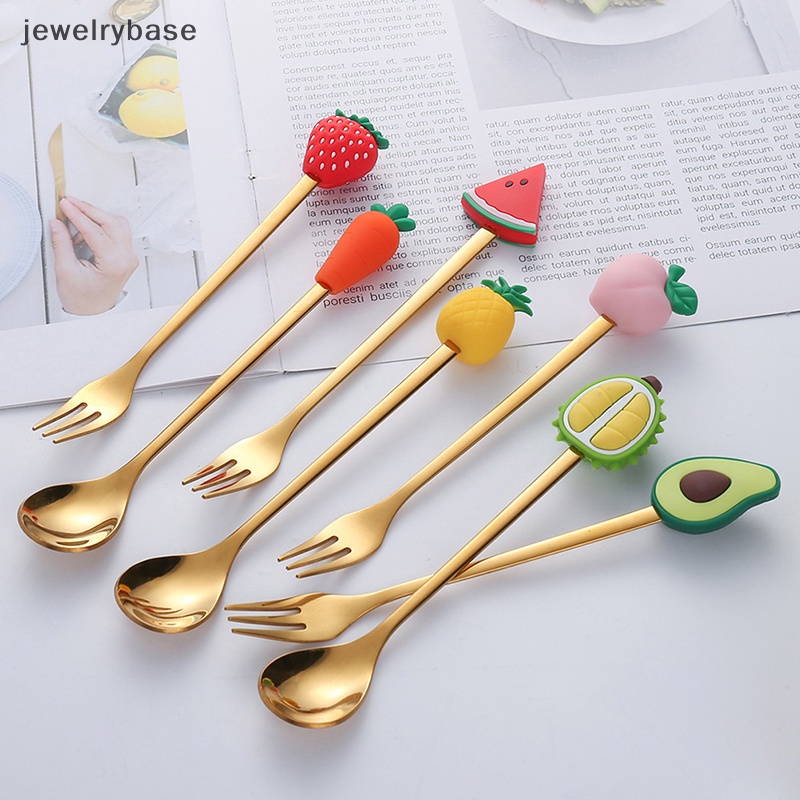 [jewelrybase] Stainless Steel Sendok Garpu Kartun Buah Macaron Dessert Sendok Garpu Buah Anak Set Aksesoris Dapur Butik