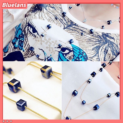 [BLS] Wanita Square Rhinestones Beads 2lapisan Golden Alloy Rantai Panjang Sweater Kalung