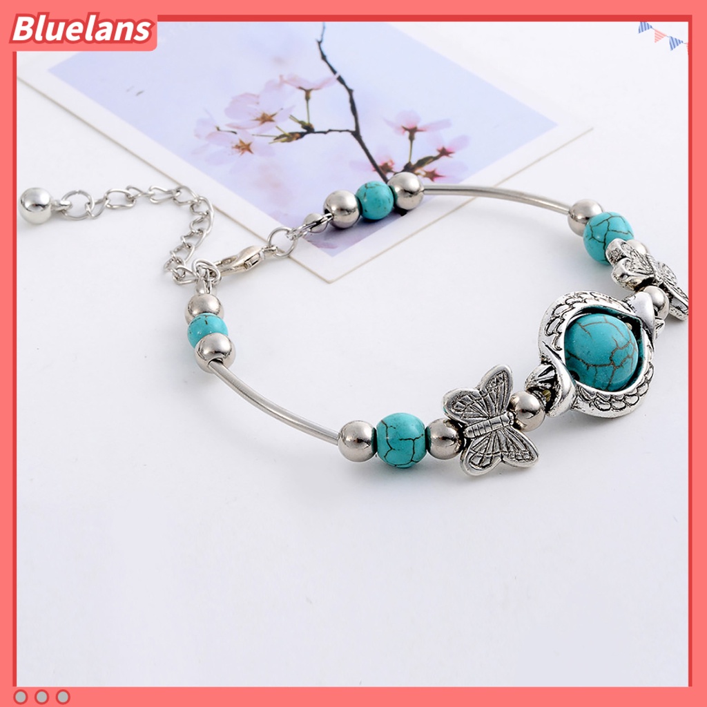 [BLS] Kupu-kupu Dekorasi Adjustable Unisex Gelang Alloy Handmade Turquoises Beads Retro Gelang Perhiasan Aksesoris