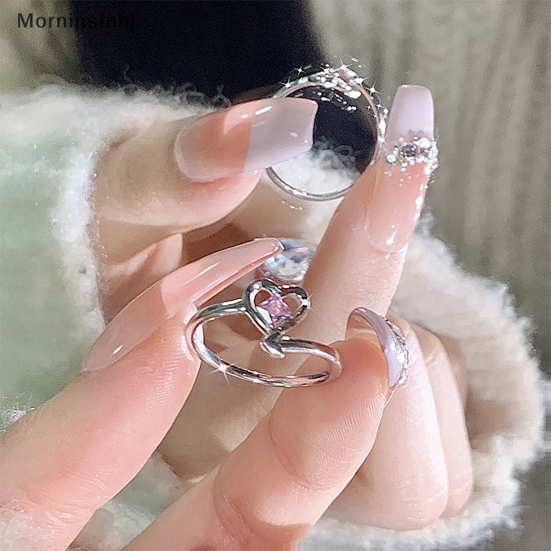 Mornin Fashion Shiny Pink Rhinestone Heart Opening Couple Rings Vintage Kristal Adjustable Finger Ring Untuk Wanita Kekasih Perhiasan Hadiah id