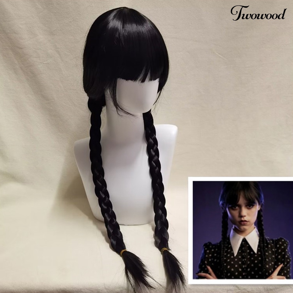 Twowood Serat Suhu Tinggi Dikepang Halus Wig Dengan Poni Film Rabu Addams Cosplay Wanita Wig Alat Styling Rambut