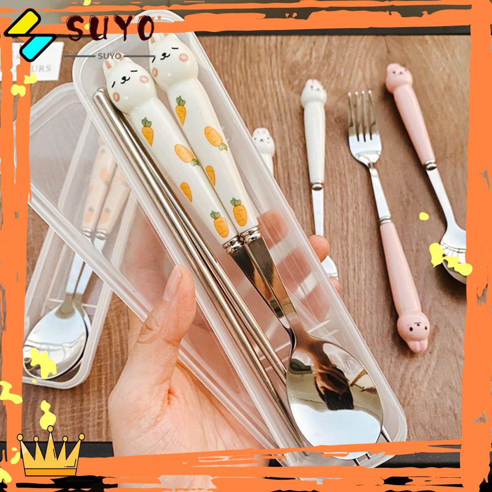 Suyo Set Alat Makan Kelinci Outdoor Dengan Kotak Penyimpanan Piknik Peralatan Makan Stainless Steel