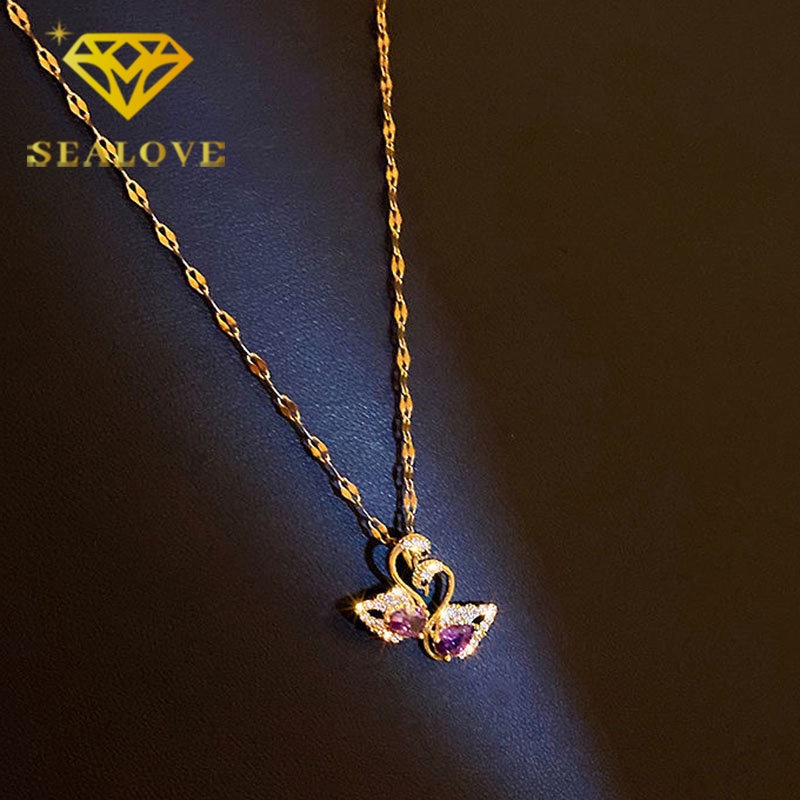 Kalung Titanium Swan Angsa Kristal Ungu Berlian Emas 18K Anti Karat Mewah Elegan Korea Aksesoris Wanita Perhiasan