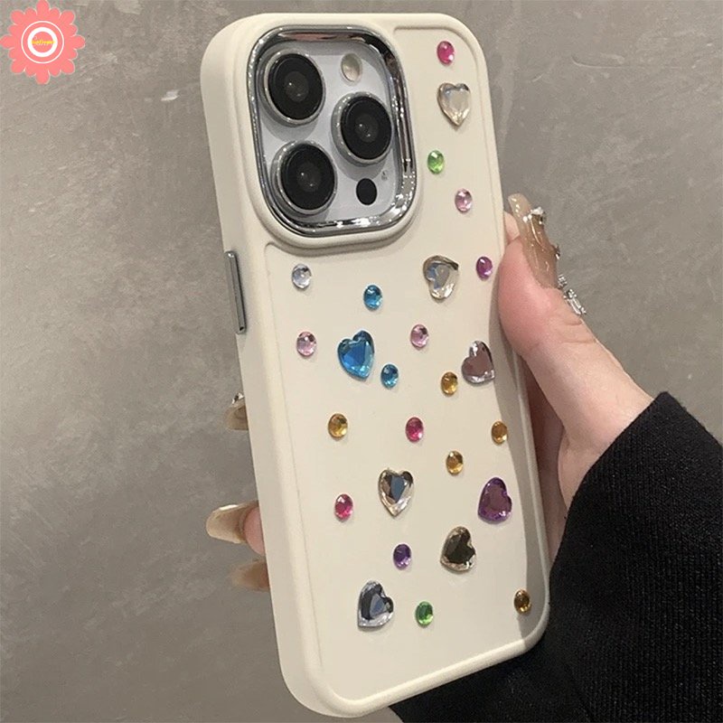 IPHONE Casing Persegi Warna Solid Sederhana Kompatibel Untuk Iphone11 13 14 11 12 Pro MAX XR 7Plus 8Plus X XS MAX Mewah Plating Warna-Warni Cinta Hati Berlian Casing Ponsel Dengan Dekorasi Stiker