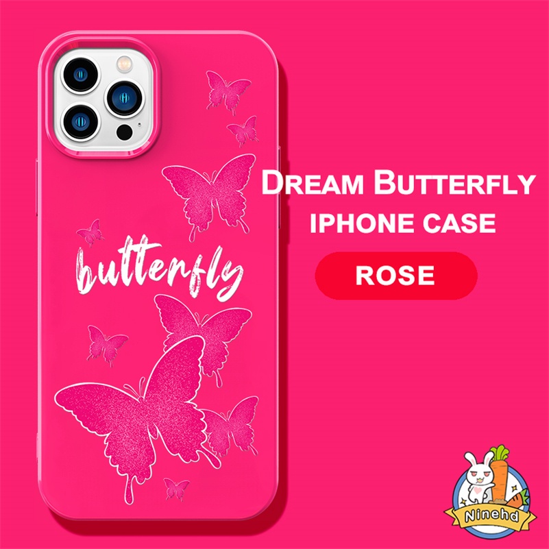 IPHONE Vintage Butterfly Barbie Rose Red Glossy Phone Case Kompatibel Untuk Iphone14 13 12 11 Pro Max X Xr Xs Max 8 7 6 6s Plus SE2020 Keringat Tahan Gores Silikon Lembut Tpu Penutup Belakang