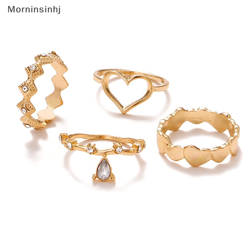 Mornin 4Pcs /Set Korea Fashion Temperamen Berlian Imitasi Geometri Jantung Cincin Set Untuk Wanita Perhiasan id