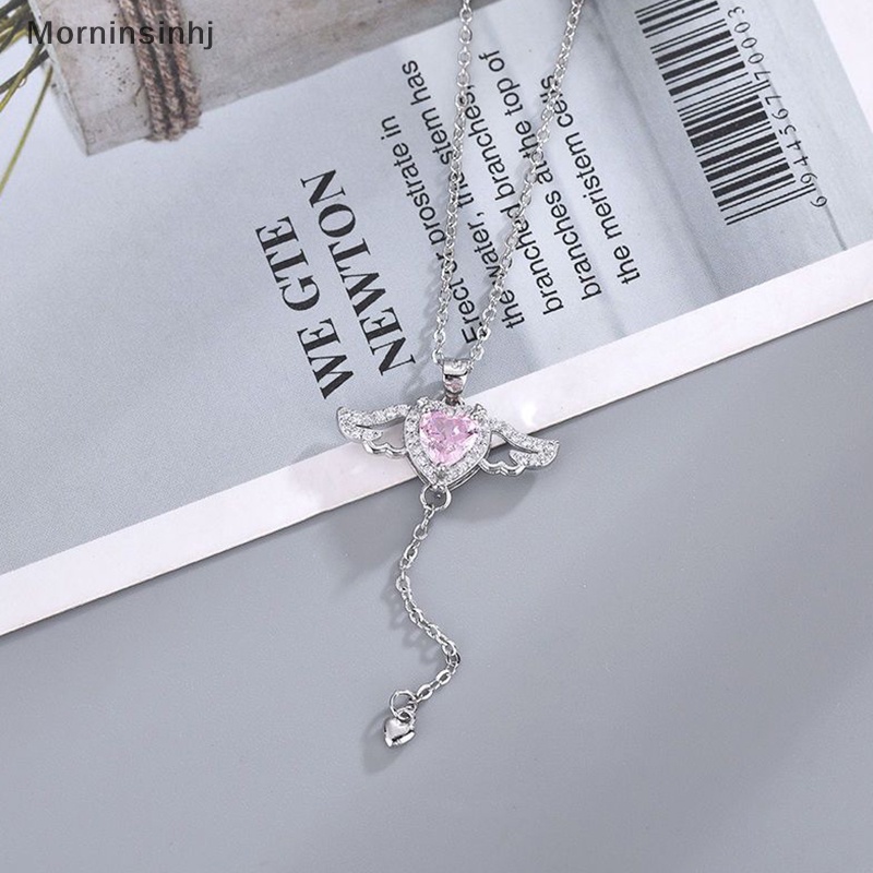 Mornin Zirkon Sayap Malaikat Hati Liontin Kalung Wanita Gadis Sederhana Y2K Pink Putih Zirkon Cinta Elegan Kalung Wanita Perhiasan id