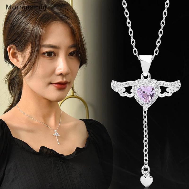 Mornin Zirkon Sayap Malaikat Hati Liontin Kalung Wanita Gadis Sederhana Y2K Pink Putih Zirkon Cinta Elegan Kalung Wanita Perhiasan id