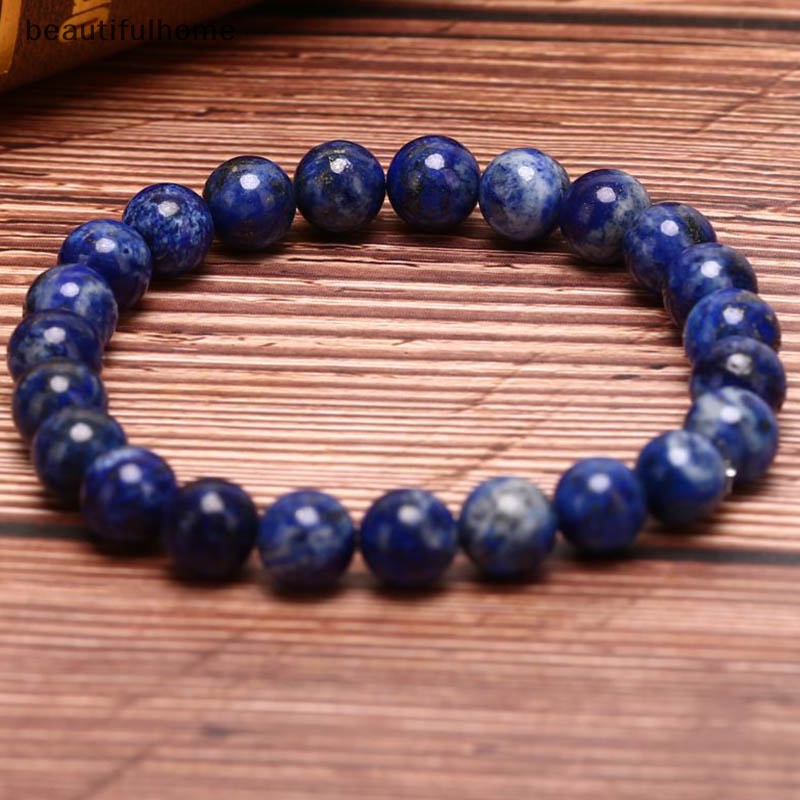 {beautifulhome} Natural 8mm Lapis Lazuli Beads Bracelets Unisex Elastis Bangle Perhiasan Hadiah.