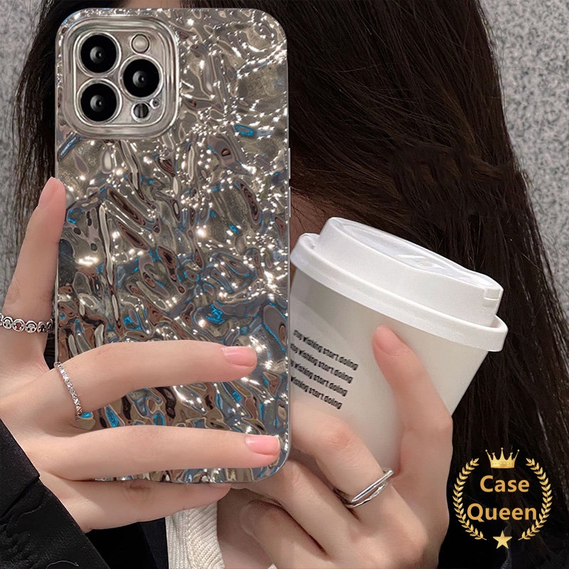 Ins Mewah Kreatif Electroplate Back Case Kompatibel Untuk IPhone XR XS X Max 7Plus 11 13 14 12 Pro Max7 6s 8 6 Plus SE 2020fashion Kreatif Perak Kerut Plating Cover