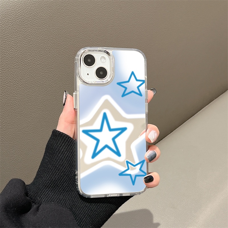 IPHONE Casing Ponsel Cermin Bintang Biru Berkilau Kompatibel Untuk Iphone11 12 13 14 12Pro 13Pro 14Pro Pro Max XR X XS Max Electroplating Tombol Perlindungan Mirror Cover