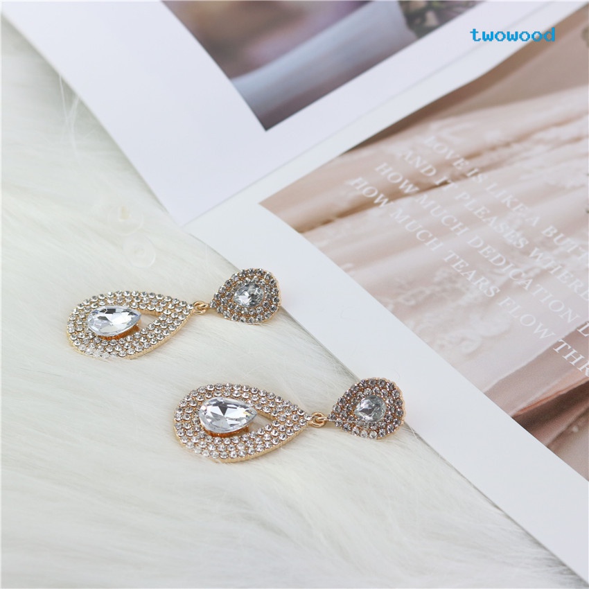 Twowood Diamond-Terukir Cakar Rantai drop-shaped earrings Wanita Anting Serbaguna Eropa Dan Amerika Berlebihan stud earrings