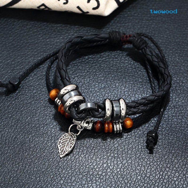 Twowood Kepribadian Fashion Kreatif multi-layer Anyaman Daun Liontin Pria Gelang Kulit