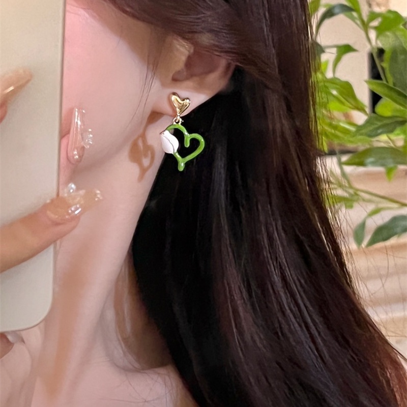 Korea Musim Panas Hijau Gadis Manis tulip Menjuntai Jantung Anting Telinga Studs Aksesori Fashion